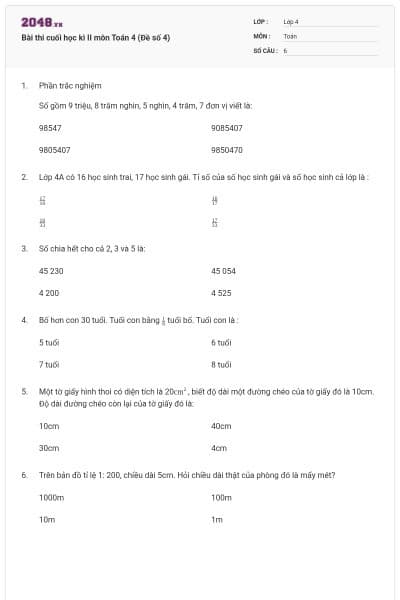 Bài thi cuối học kì II môn Toán 4 (Đề số 4)