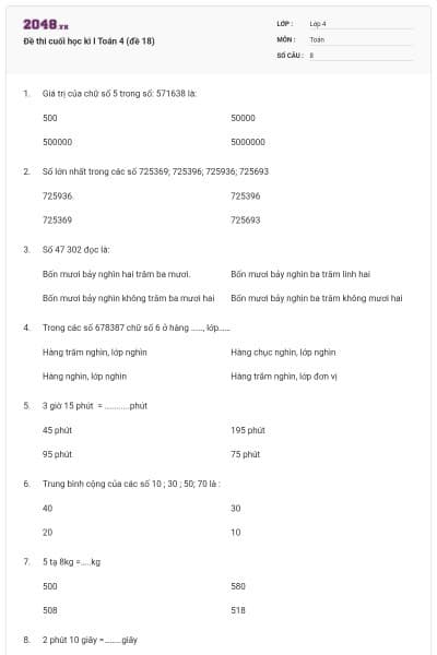 Đề thi cuối học kì I Toán 4 (đề 18)