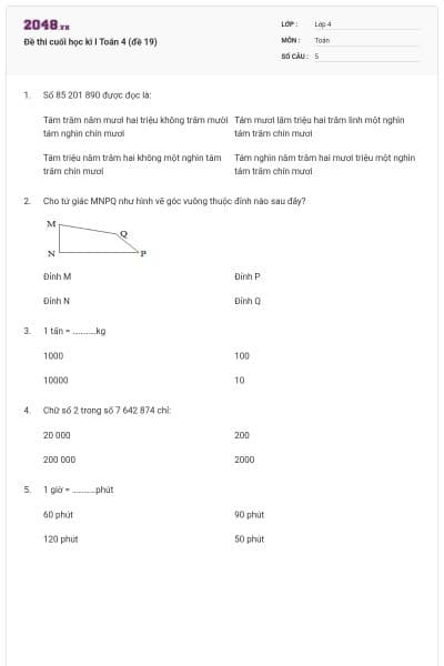 Đề thi cuối học kì I Toán 4 (đề 19)