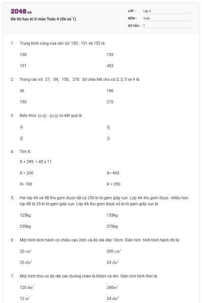 Đề thi học kì II môn Toán 4 (đề số 1)