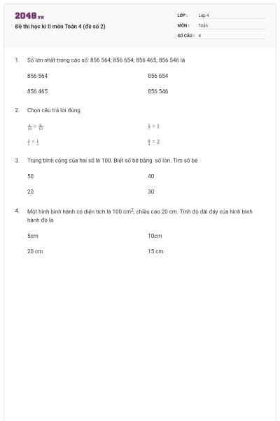 Đề thi học kì II môn Toán 4 (đề số 2)