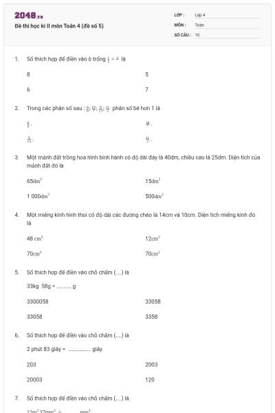 Đề thi học kì II môn Toán 4 (đề số 5)