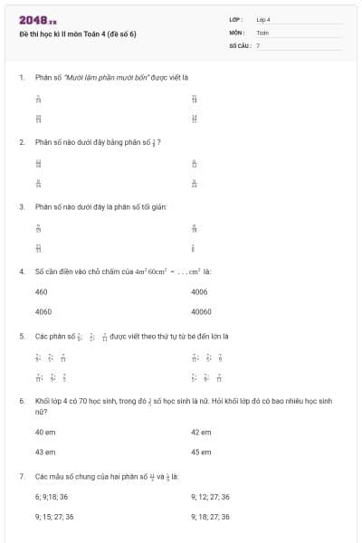 Đề thi học kì II môn Toán 4 (đề số 6)