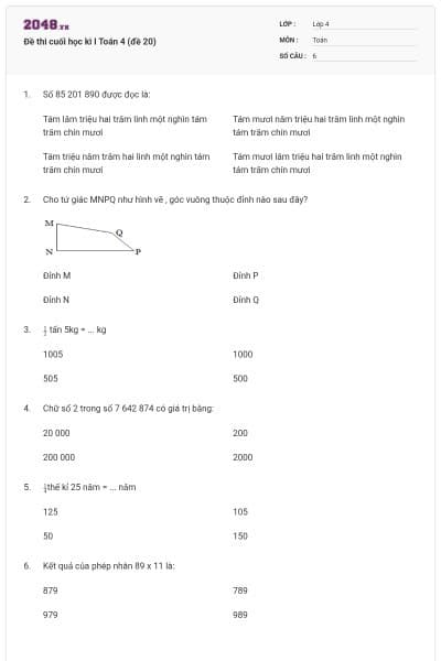 Đề thi cuối học kì I Toán 4 (đề 20)