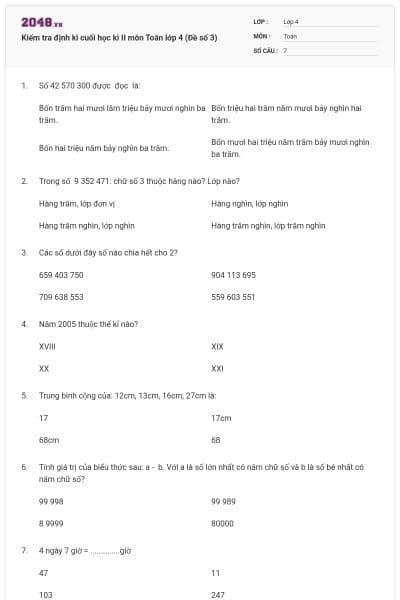 Kiểm tra định kì cuối học kì II môn Toán lớp 4 (Đề số 3)