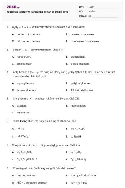 20 Bài tập Benzen và đồng đằng cơ bản có lời giải (P3)