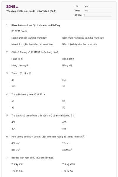 Tổng hợp đề thi cuối học kì I môn Toán 4 (đề 2)