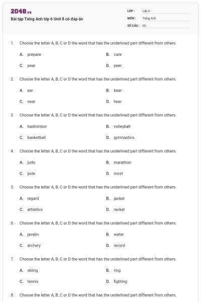 Bài tập Tiếng Anh lớp 6 Unit 8 có đáp án