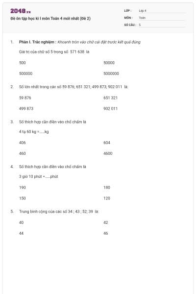 Đề ôn tập học kì I môn Toán 4 mới nhất (Đề 2)
