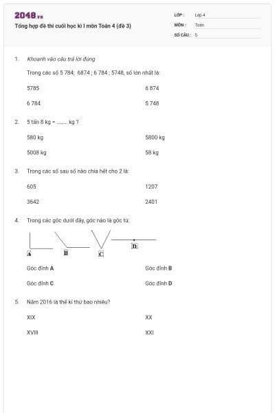 Tổng hợp đề thi cuối học kì I môn Toán 4 (đề 3)