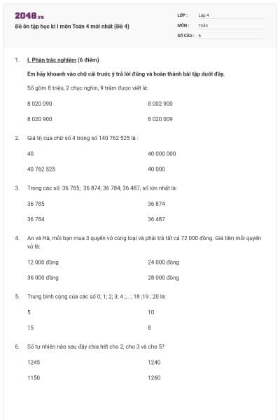 Đề ôn tập học kì I môn Toán 4 mới nhất (Đề 4)
