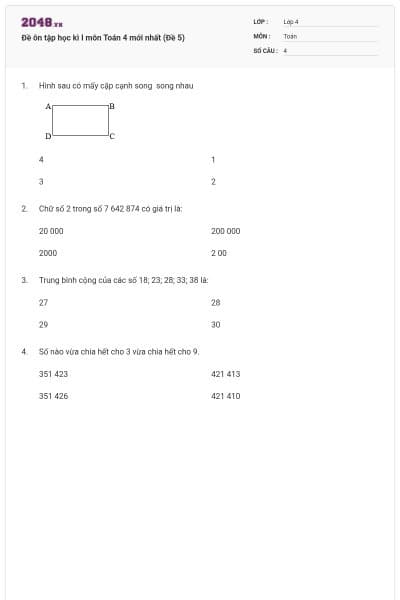 Đề ôn tập học kì I môn Toán 4 mới nhất (Đề 5)