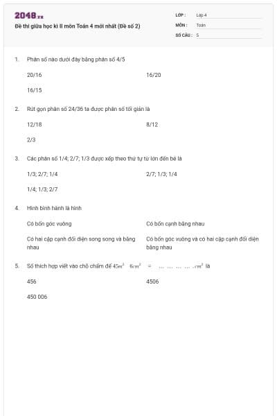 Đề thi giữa học kì II môn Toán 4 mới nhất (Đề số 2)