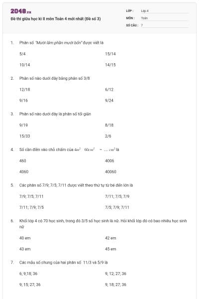 Đề thi giữa học kì II môn Toán 4 mới nhất (Đề số 3)