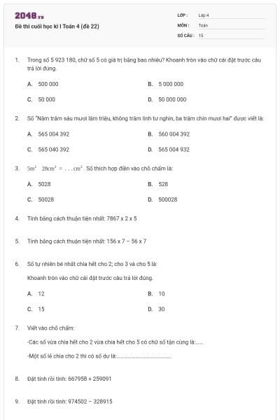 Đề thi cuối học kì I Toán 4 (đề 22)