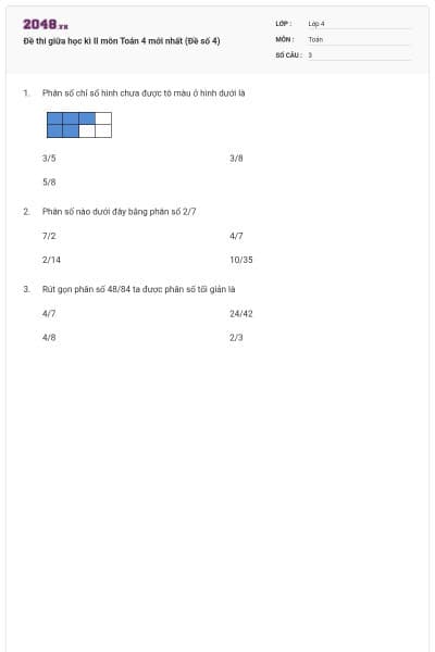 Đề thi giữa học kì II môn Toán 4 mới nhất (Đề số 4)