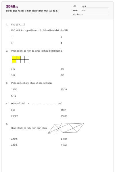 Đề thi giữa học kì II môn Toán 4 mới nhất (Đề số 5)
