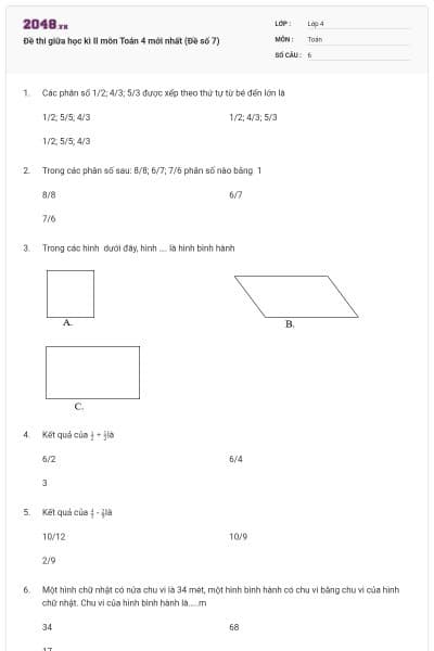 Đề thi giữa học kì II môn Toán 4 mới nhất (Đề số 7)
