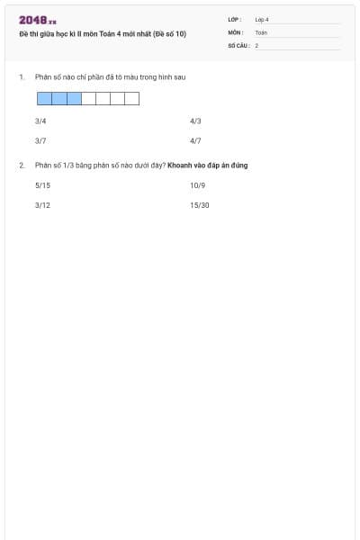 Đề thi giữa học kì II môn Toán 4 mới nhất (Đề số 10)