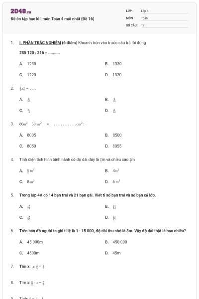 Đề ôn tập học kì I môn Toán 4 mới nhất (Đề 16)