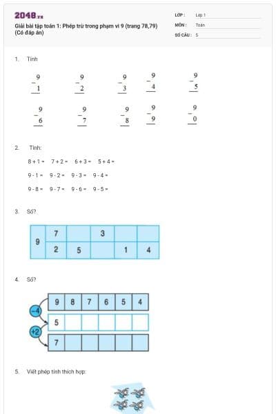 Giải bài tập toán 1: Phép trừ trong phạm vi 9 (trang 78,79) (Có đáp án)