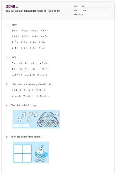 Giải bài tập toán 1: Luyện tập (trang 80) (Có đáp án)