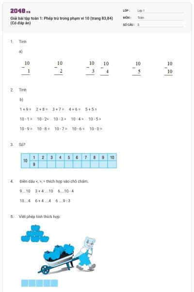 Giải bài tập toán 1: Phép trừ trong phạm vi 10 (trang 83,84) (Có đáp án)