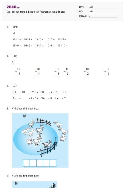 Giải bài tập toán 1: Luyện tập (trang 85) (Có đáp án)