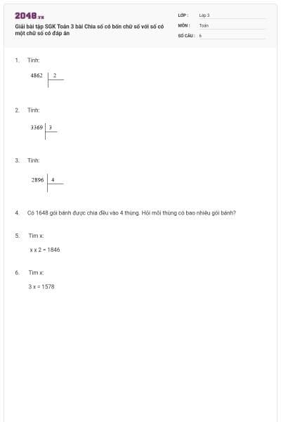 Giải bài tập SGK Toán 3 bài Chia số có bốn chữ số với số có một chữ số có đáp án