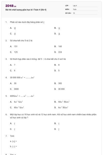 Bài thi chất lượng giữa học kì I Toán 4 (Đề 4)