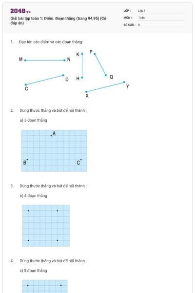 Giải bài tập toán 1: Điểm. Đoạn thẳng (trang 94,95) (Có đáp án)