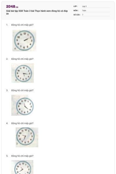 Giải bài tập SGK Toán 3 bài Thực hành xem đồng hồ có đáp án