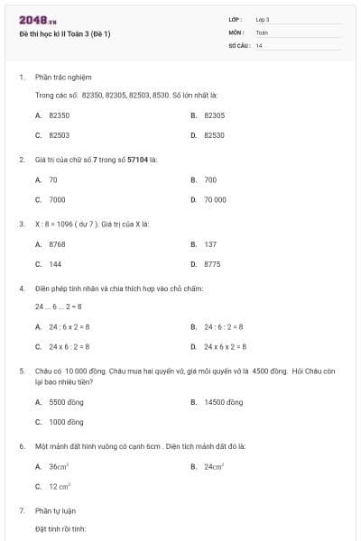 Đề thi học kì II Toán 3 (Đề 1)
