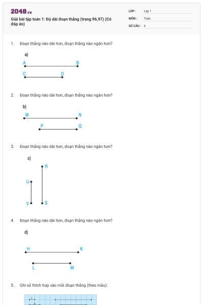 Giải bài tập toán 1: Độ dài đoạn thẳng (trang 96,97) (Có đáp án)