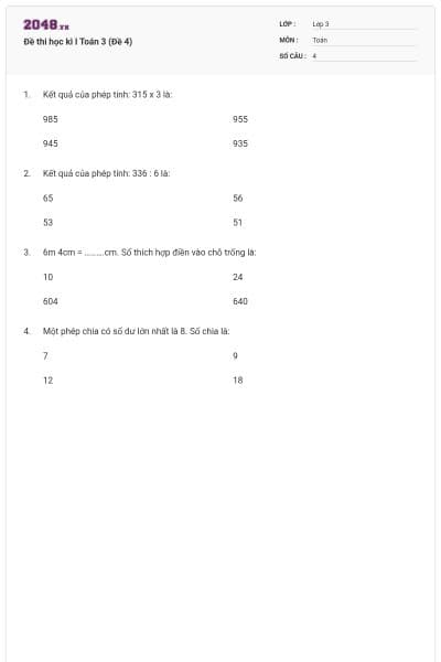 Đề thi học kì I Toán 3 (Đề 4)