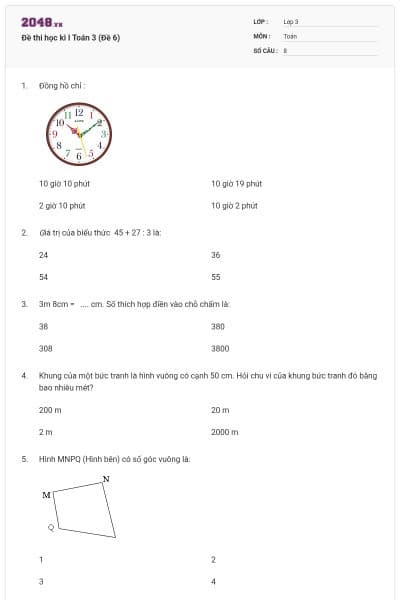 Đề thi học kì I Toán 3 (Đề 6)