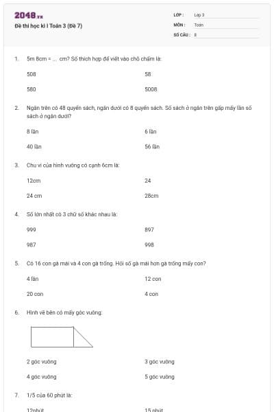 Đề thi học kì I Toán 3 (Đề 7)