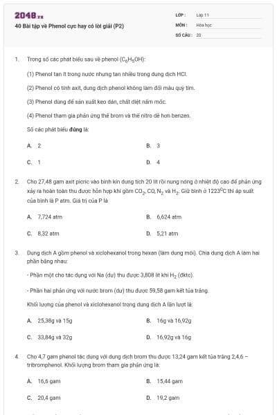 40 Bài tập về Phenol cực hay có lời giải (P2)