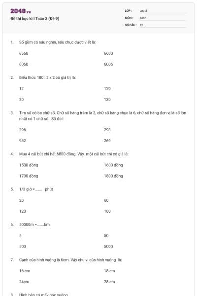 Đề thi học kì I Toán 3 (Đề 9)