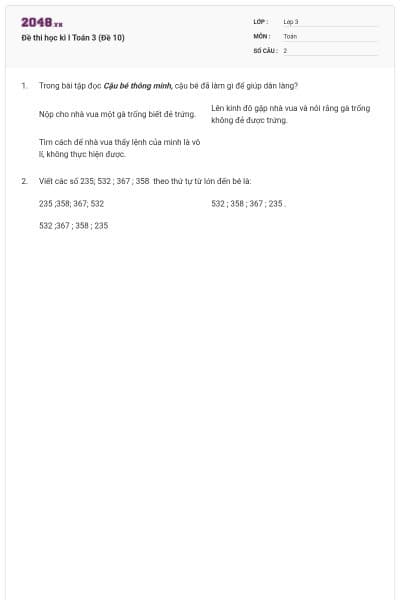 Đề thi học kì I Toán 3 (Đề 10)