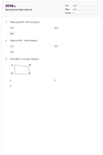 Đề thi học kì I Toán 3 (Đề 12)