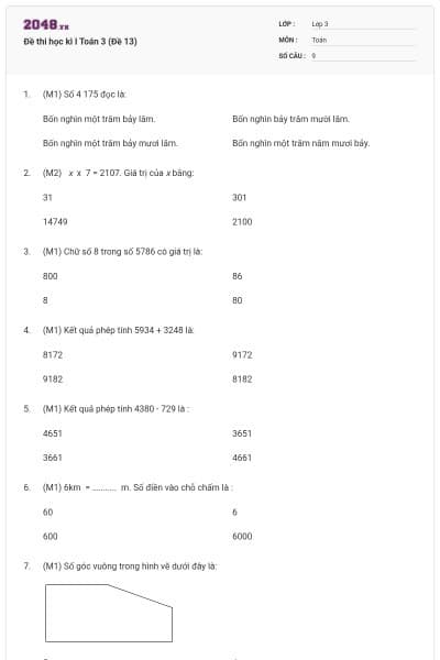 Đề thi học kì I Toán 3 (Đề 13)