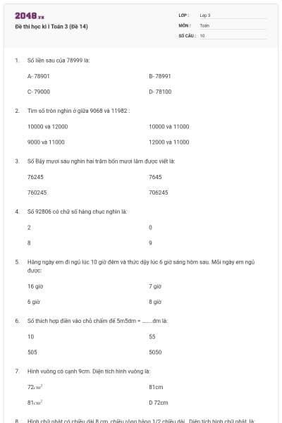 Đề thi học kì I Toán 3 (Đề 14)