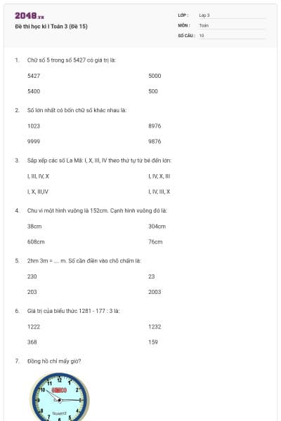 Đề thi học kì I Toán 3 (Đề 15)