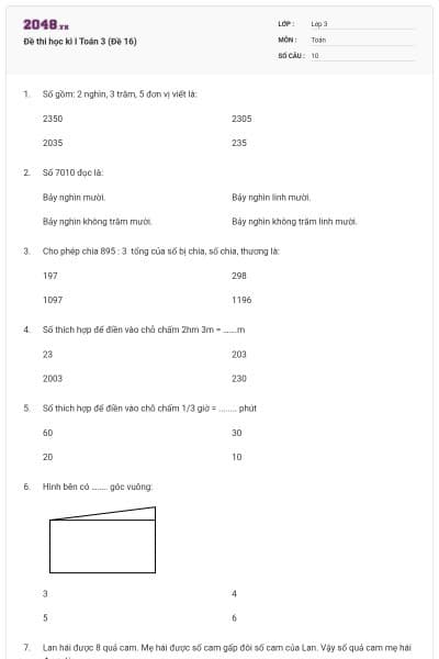 Đề thi học kì I Toán 3 (Đề 16)