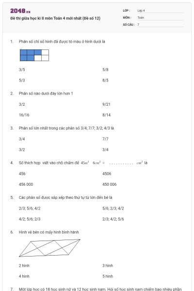 Đề thi giữa học kì II môn Toán 4 mới nhất (Đề số 12)