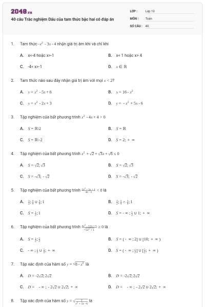 40 câu Trắc nghiệm Dấu của tam thức bậc hai có đáp án