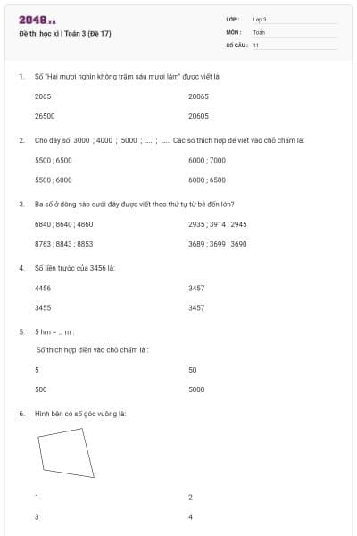 Đề thi học kì I Toán 3 (Đề 17)