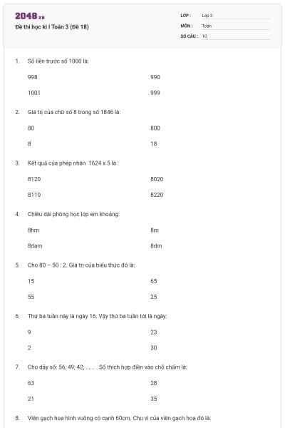 Đề thi học kì I Toán 3 (Đề 18)