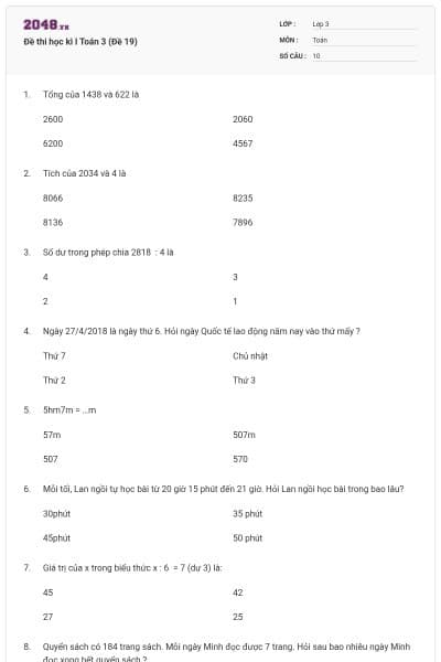 Đề thi học kì I Toán 3 (Đề 19)